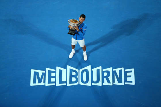 MELBOURNE, AUSTRALIA - FEBRUARY 01:  Novak Djokovic of Serbia holds the Norman Brookes Challenge Cup after winning his men's final match against Andy Murray of Great Britain during day 14 of the 2015 Australian Open at Melbourne Park on February 1, 2015 