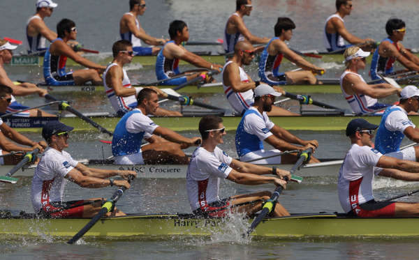 CHUNGJU, SOUTH KOREA - AUGUST 26:  (top to bottom) France, South Korea, Great Bretain, Italy and United States compete in the Men's Eight during day two of the 2013 World Rowing Championships on August 26, 2013 in Chungju, South Korea.  (Photo by Chung S