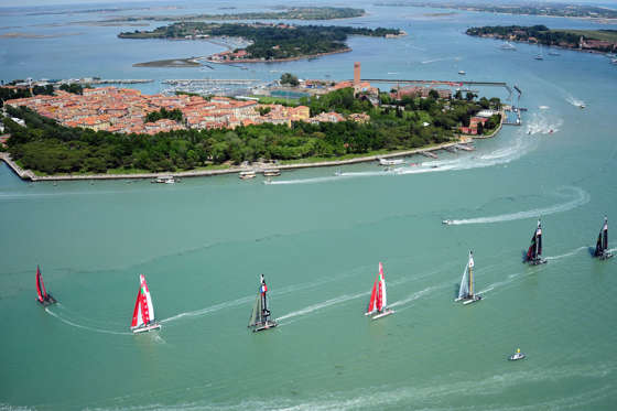 The America's Cup fleet competes during the America Cup World Series (ACWS) Match-Racing in Venice's lagoon on May 18, 2012. AFP PHOTO / OLIVIER MORIN        (Photo credit should read OLIVIER MORIN/AFP/GettyImages)