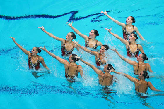 KAZAN, RUSSIA - JULY 13: Russia's team perform during the Free Combination Routine Final at the 15th FINA World Junior Synchronised Swimming Championships 2016 at Aquatics Palace in Kazan, Russia on July 13, 2016. 
 (Photo by Alexey Nasyrov/Anadolu Agenc