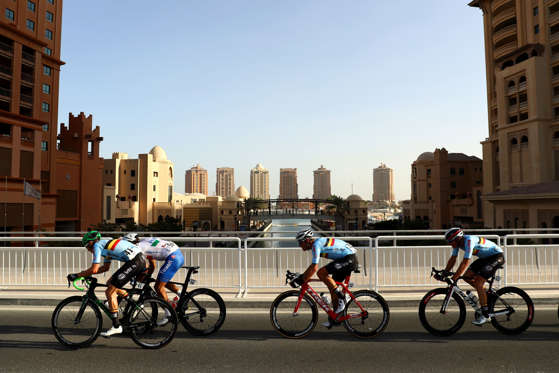DOHA, QATAR - OCTOBER 16:  (L-R) Jens Keukeleire of Belgium, Daniele Bennati of Italy, Jasper Stuyven of Belgium and Oliver Naesen of Belgium ride during the Elite Men's Road Race on day eight of the UCI Road World Championships on October 16, 2016 in Do