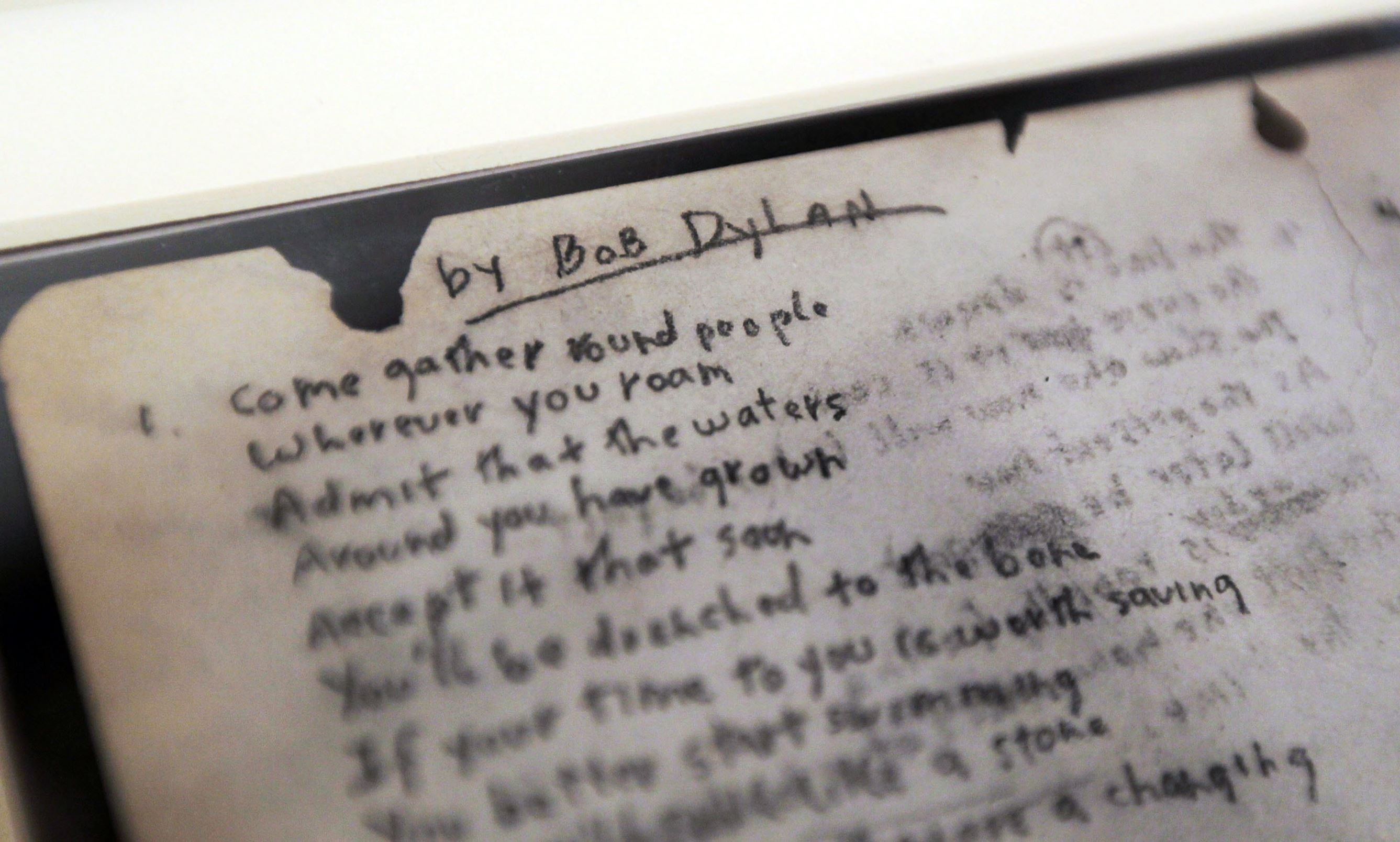 NEW YORK, NY - DECEMBER 03: A detail of folk singer Bob Dylan's handwritten lyrics to his famous anthem "The Times They Are A-Changin" is seen at Sotheby's auction house December 3, 2010 in New York City.  The document is estimated to be worth between $200,000 and $300,000.