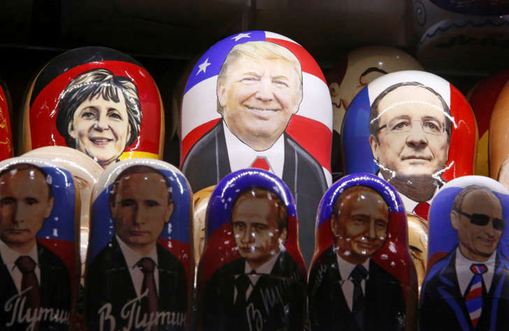 Painted Matryoshka dolls, or Russian nesting dolls, bearing the faces of U.S. Republican presidential nominee Donald Trump, German Chancellor Angela Merkel, French President Francois Hollande and Russian President Vladimir Putin.