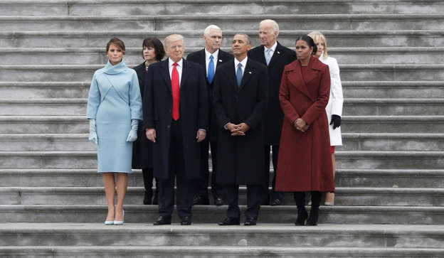 Slide 41 de 76: Former president Barack Obama (front, 2nd R) and President Donald Trump (front, 2nd L) pose with Michelle Obama (front R), Melania Trump (L), and (back row, L-R) Karen Pence, Vice President Mike Pence, former Vice President Joe Biden and Dr. Jill Biden f