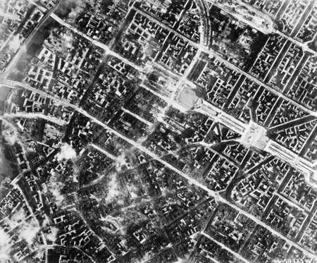 Slide 6 of 14: Bomb damage caused by the 8th AF in the city of Berlin, Germany, is shown in a reconnaissance photo taken 3 February 1945.