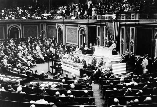 Slide 3 of 14: President Wilson before Congress announces the break in official relations with Germany. February 3, 1917.