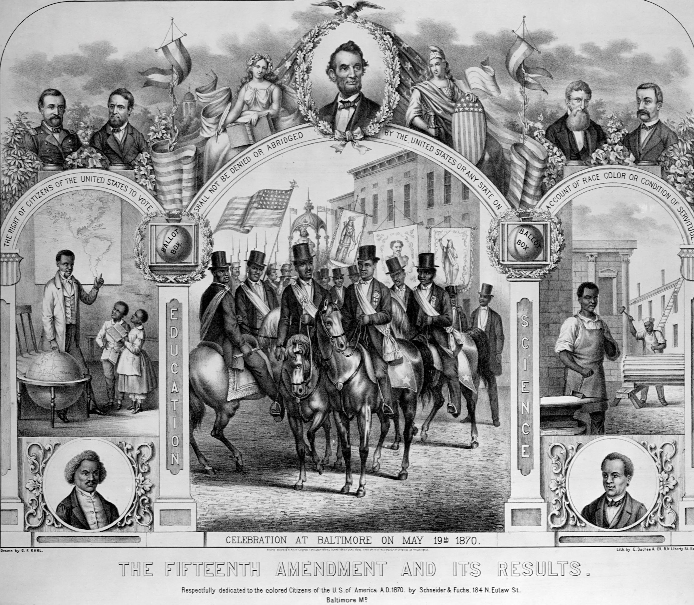 Slide 2 of 14: A lithograph depicting the forseeable results of the passage of the 15th Amendment, which established the principles that a state cannot "deprive any person of life, liberty, or property, without due process of law."