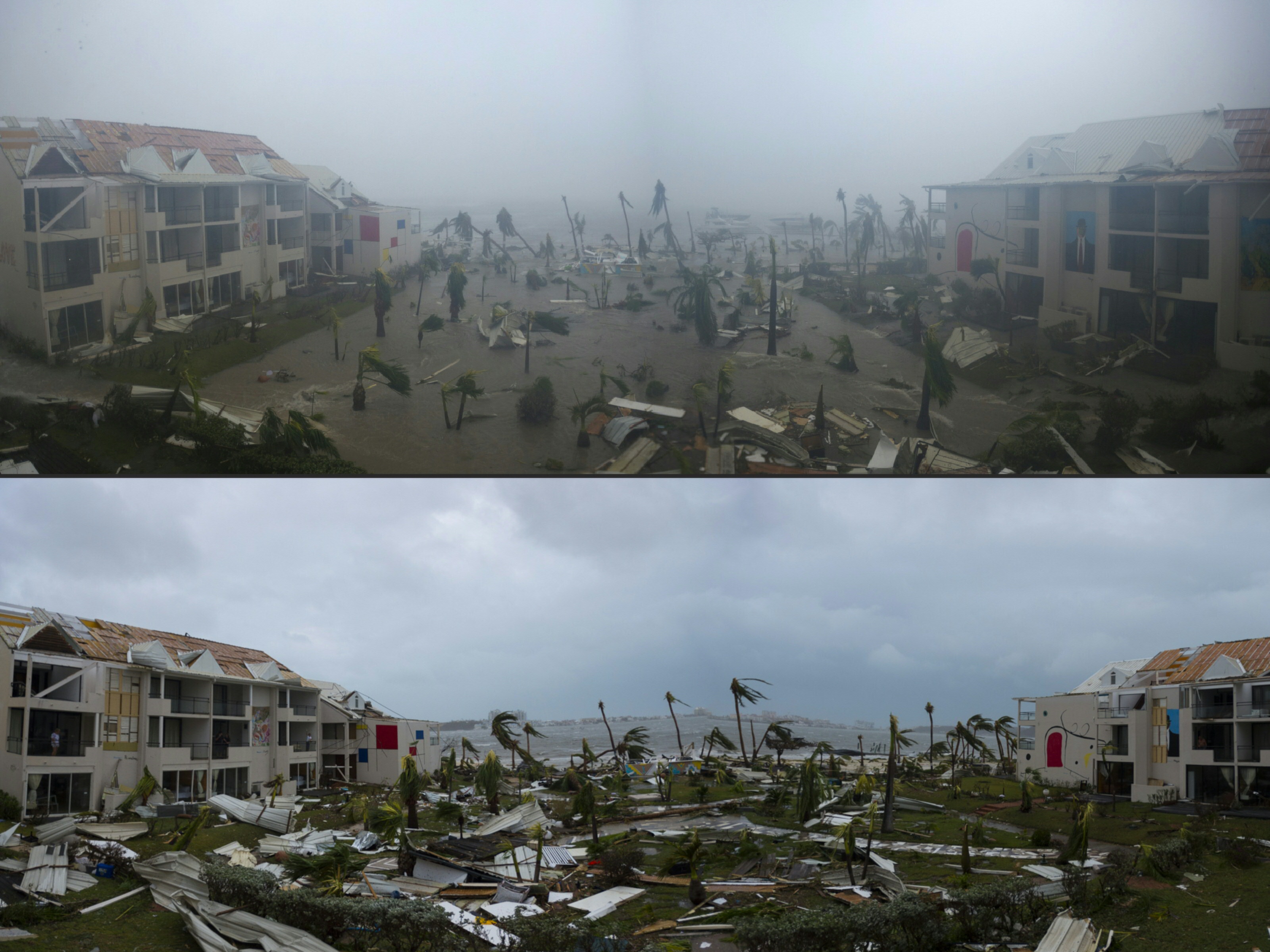 TOPSHOT - (COMBO) This combination of pictures created on September 7, 2017 shows panoramic photos taken on September 6, 2017 of the Hotel Mercure in Marigot, near the Bay of Nettle, on the French Collectivity of Saint Martin, during and after the passage of Hurricane Irma. France, the Netherlands and Britain on September 7 sent water, emergency rations and rescue teams to their stricken territories in the Caribbean hit by Hurricane Irma, which has killed at least 10 people. The worst-affected island so far is Saint Martin, which is divided between the Netherlands and France, where eight of the 10 confirmed deaths took place. / AFP PHOTO / Lionel CHAMOISEAU (Photo credit should read LIONEL CHAMOISEAU/AFP/Getty Images)