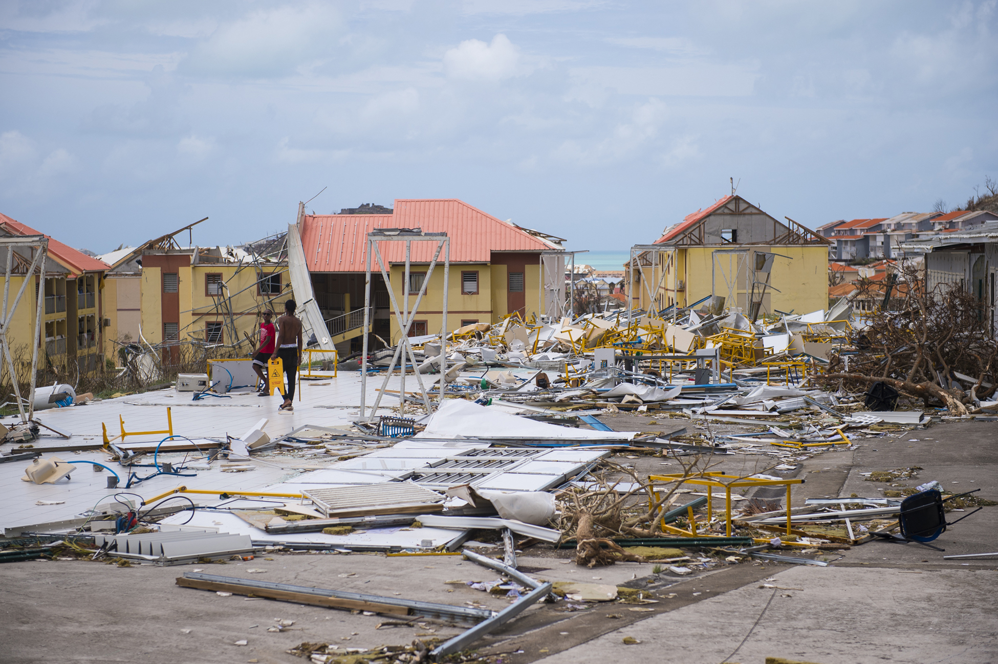 A photo taken on September 7, 2017 shows damage in the Concordia area on the French Carribean island of Saint-Martin, after the passage of Hurricane Irma. France, the Netherlands and Britain on September 7 rushed to provide water, emergency rations and rescue teams to territories in the Caribbean hit by Hurricane Irma, with aid efforts complicated by damage to local airports and harbours. The worst-affected island so far is Saint Martin, which is divided between the Netherlands and France, where French Prime Minister Edouard Philippe confirmed four people were killed and 50 more injured.