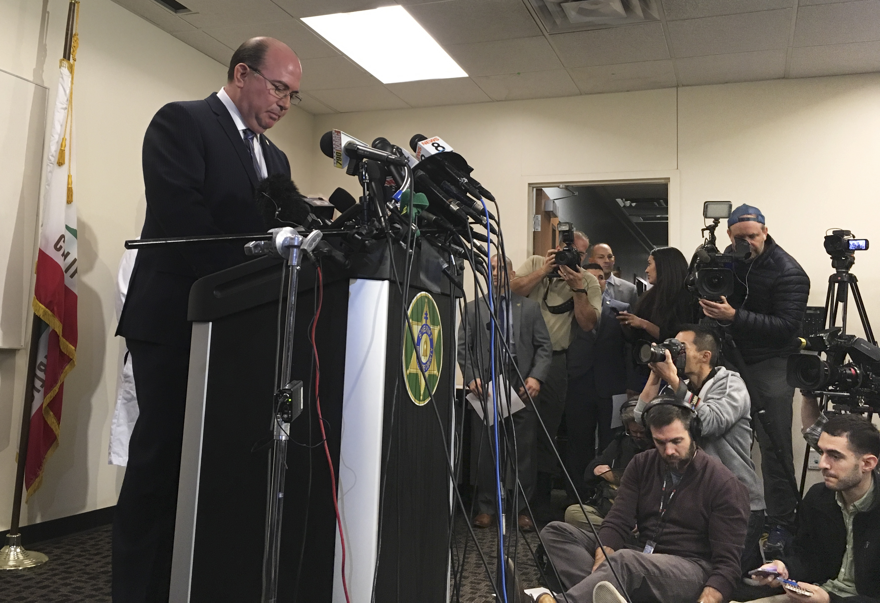 Slide 3 of 12: Riverside County Sheriff's Capt. Greg Fellows speaks with reporters during a news conference in Perris, Calif. on Jan. 16, 2018.