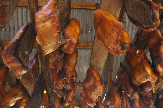Popular in Iceland, Hákarl is rotten shark meat that has been fermented and then hung to dry for several months. First-timers are advised to hold their nose when trying.
