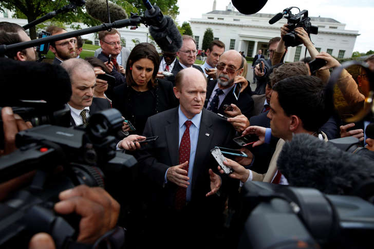 Sen. Chris Coons, D-Del., talks with reporters after an all Senators briefing on the Democratic People's Republic of Korea at the Eisenhower Executive Office Building on the White House complex, Washington, Wednesday, April, 26, 2017.