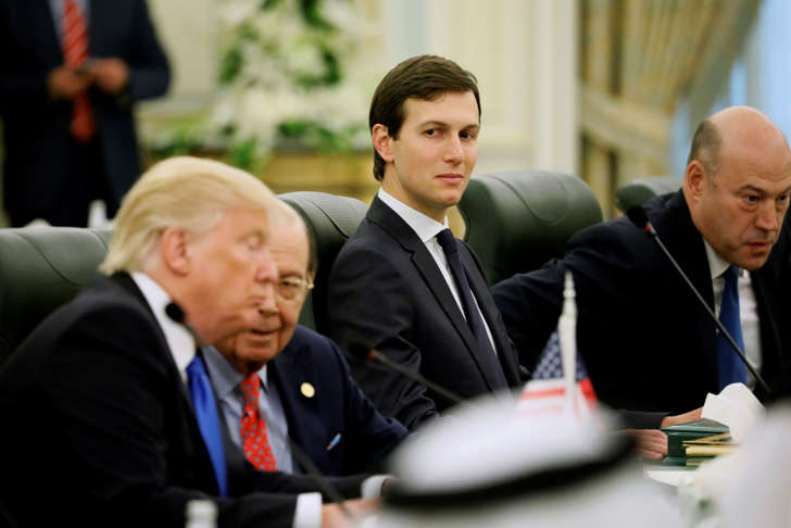 FILE PHOTO - White House senior advisor Jared Kushner (C) sits alongside U.S. President Donald Trump (L) and Commerce Secretary Wilbur Ross (2nd L) as they prepare to meet with Saudi Arabia's King Salman bin Abdulaziz Al Saud and the Saudi delegation at the Royal Court in Riyadh, Saudi Arabia May 20, 2017.