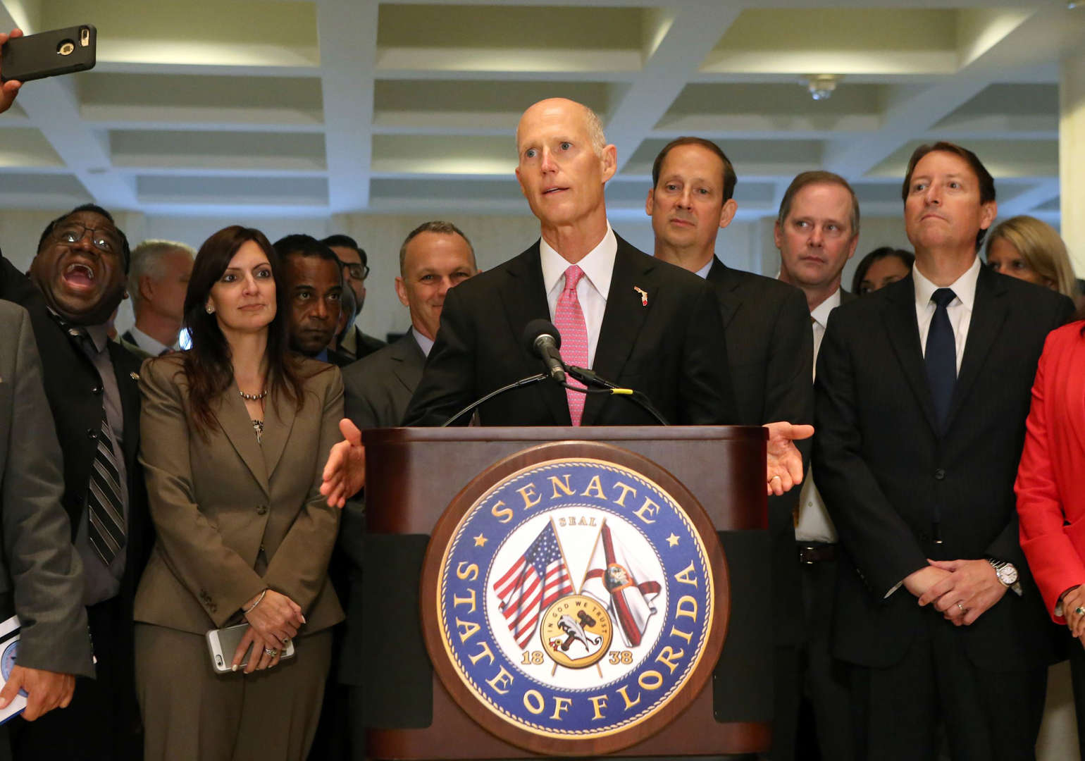 Gov. Rick Scott speaks to legislators at the end of the special session, Friday, June 9, 2017, in Tallahassee, Fla.