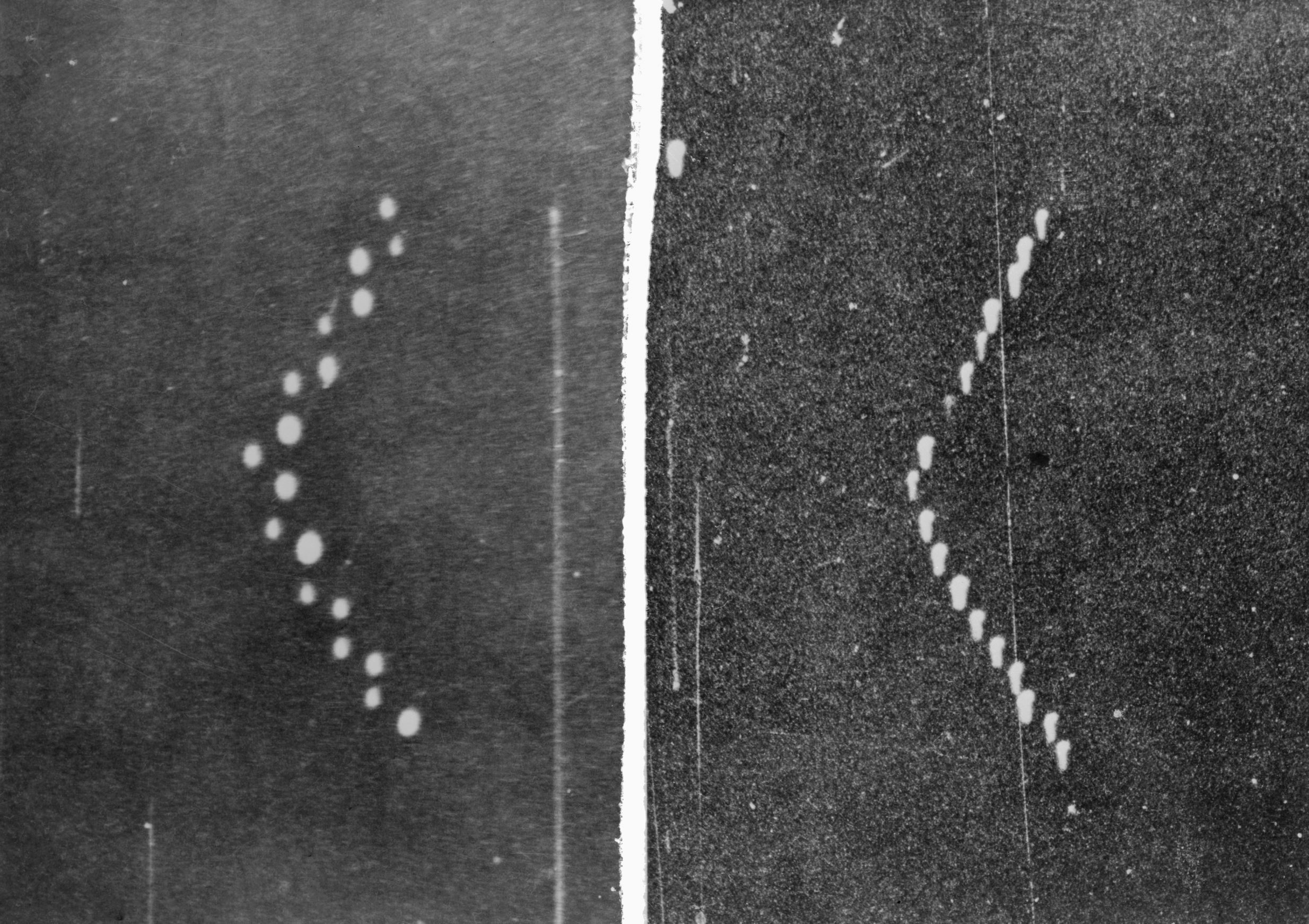 Διαφάνεια 6 από 13: (Original Caption) Among the many reports of 'Flying Saucers', one of the most unexplainable phenomena is the 'Lubbock Lights', (above) photographed at Lubbock, Texas, by 19-year old Carl Hart, Jr., on August 30, 1951. Appearing in the April 7th issue of Life Magazine these pictures of the lights show them apparently flying in formation. The U.S. Air Force, which has incorporated investigation of these matters into a routine intelligence function, says there is 'no reason to believe that any of the aerial phenomena commonly described as 'Flying Saucers' are caused by a foreign power or constitute a clear and present danger for the U.S. or its citizens.