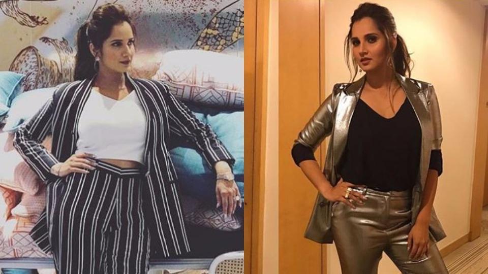 Sania Mirza working metallic pantsuit