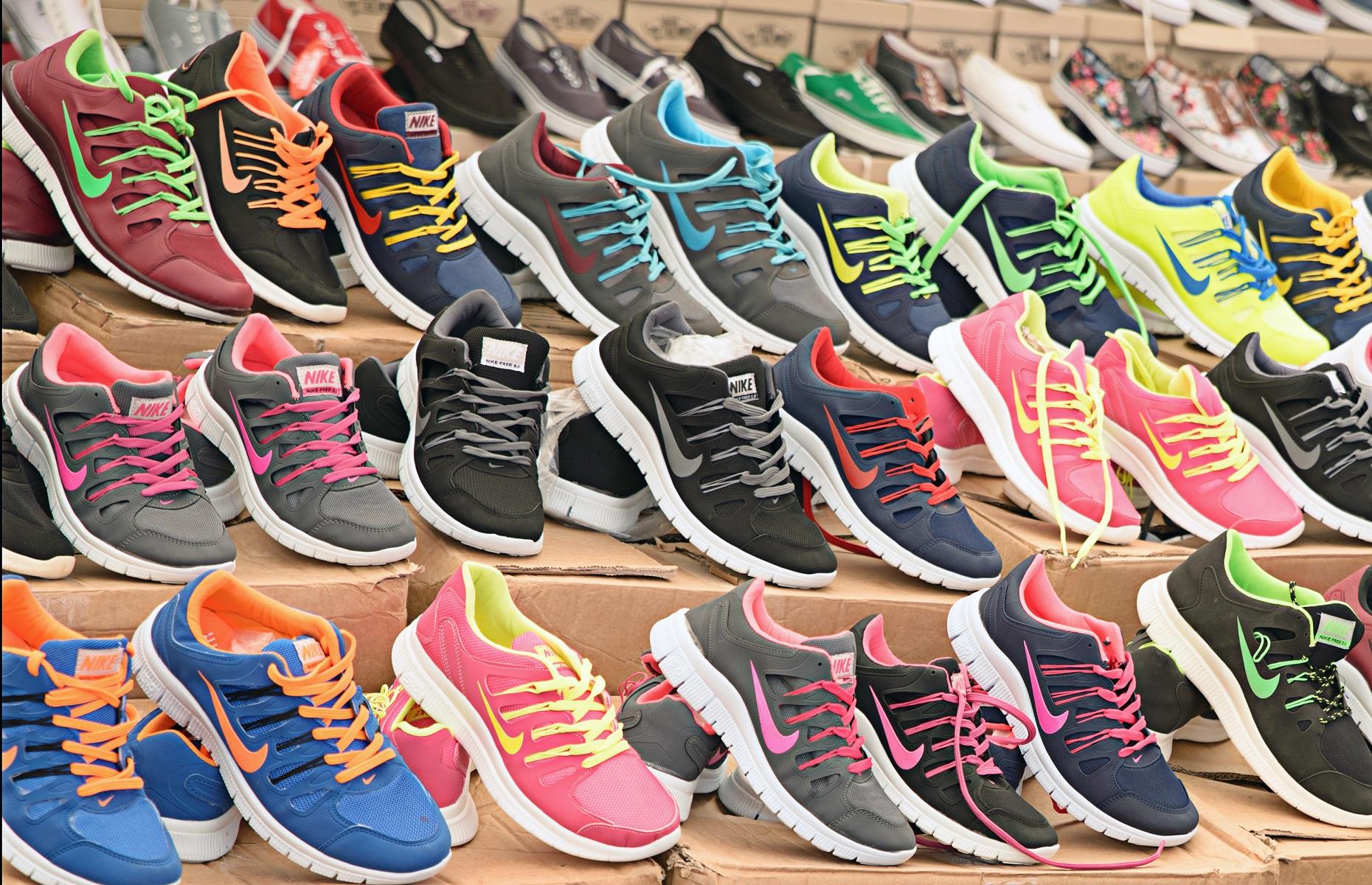 Nike is the world’s most counterfeited brand and its sneakers are fraudulently imitated by counterfeiters, particularly in China. Certain lines, such as the Flyknit range, are tricky to fake, but many Nike counterfeits are almost impossible to distinguish from the real McCoy (the photo shows faux Nike sneakers on sale at a market in Hisaronu, Turkey).