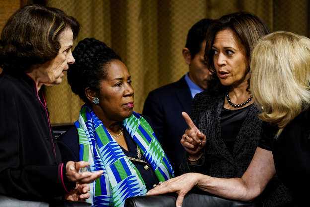 Slide 2 of 80: Left to right, Sen. Dianne Feinstein (D-Calif.), ranking member, Sheila Jackson Lee (D-Texas), Sen. Kamala D. Harris (D-Calif.), before a Senate Judiciary Committee hearing in the Dirksen Senate Office Building on Capitol Hill September 27, 2018 in Washington, DC. A professor at Palo Alto University and a research psychologist at the Stanford University School of Medicine, Ford has accused Supreme Court nominee Judge Brett Kavanaugh of sexually assaulting her during a party in 1982 when they were high school students in suburban Maryland.
