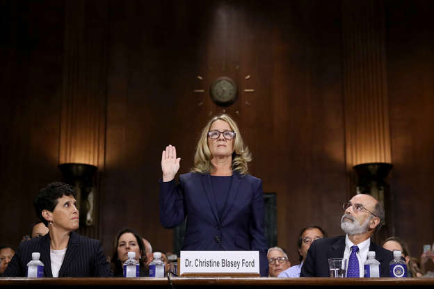 Slide 1 of 80: Christine Blasey Ford (C) is sworn in before testifying the Senate Judiciary Committee with her attorneys Debra Katz (L) and Michael Bromwich (R) in the Dirksen Senate Office Building on Capitol Hill September 27, 2018 in Washington, DC. A professor at Palo Alto University and a research psychologist at the Stanford University School of Medicine, Ford has accused Supreme Court nominee Judge Brett Kavanaugh of sexually assaulting her during a party in 1982 when they were high school students in suburban Maryland. In prepared remarks, Ford said, ÒI donÕt have all the answers, and I donÕt remember as much as I would like to. But the details about that night that bring me here today are ones I will never forget. They have been seared into my memory and have haunted me episodically as an adult.Ó