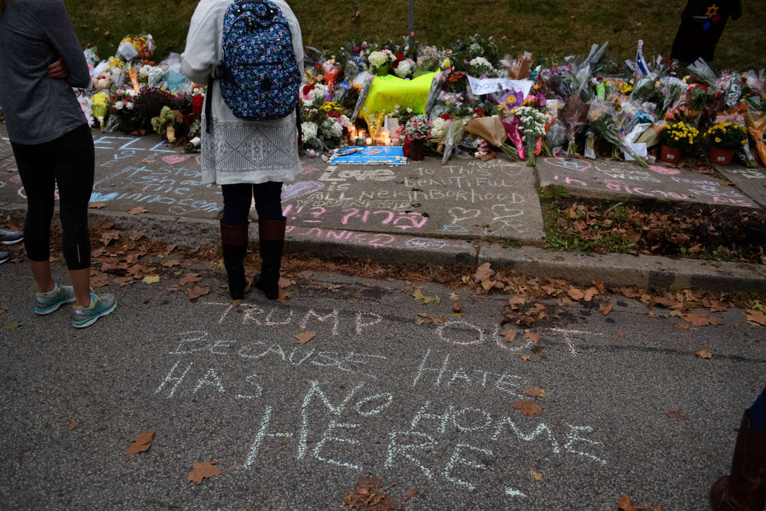 People offered condolences at the Pittsburgh synagogue where 11 Jewish worshippers were shot to death.