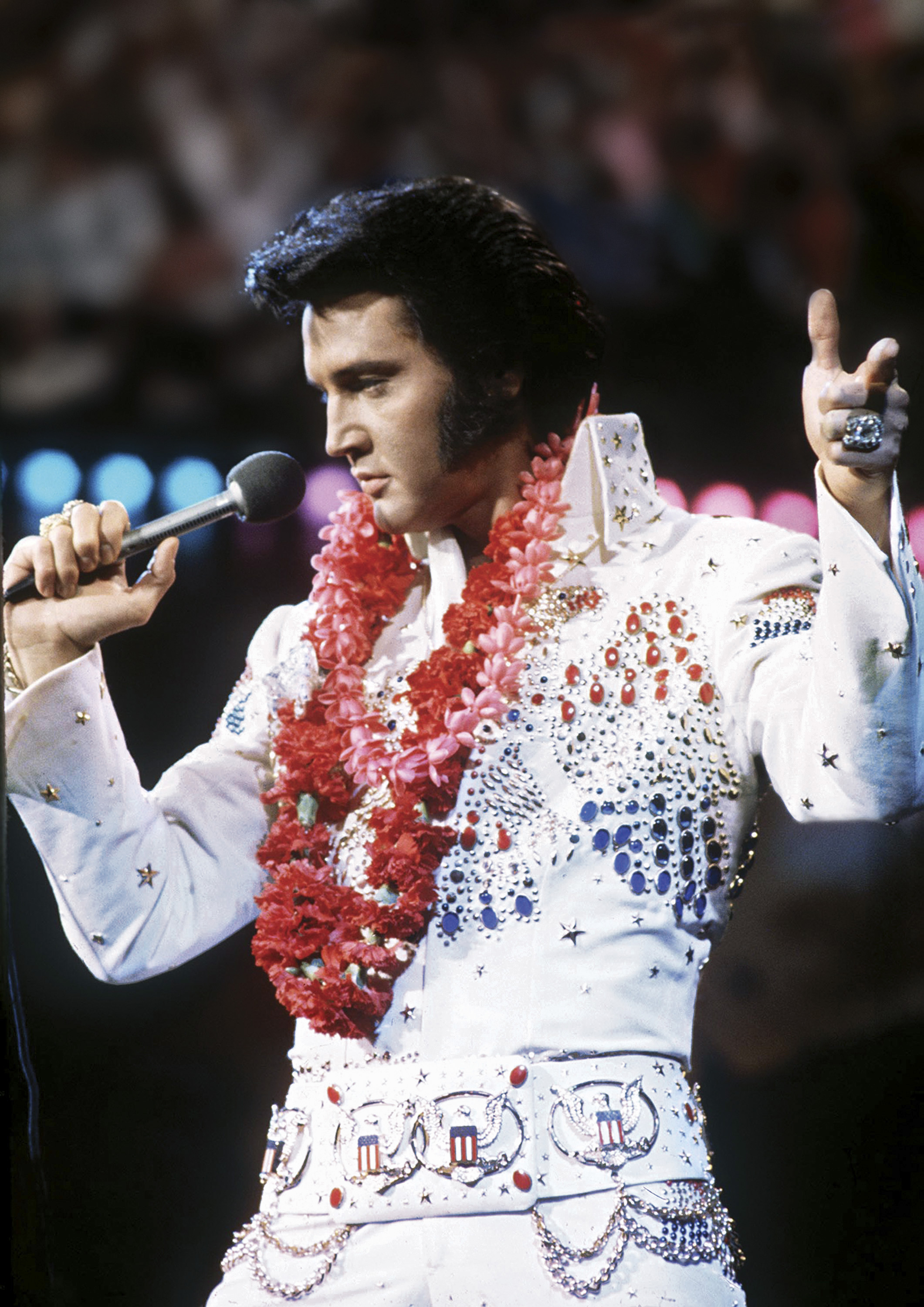 Elvis Presley during a live performance at Honolulu International Center in Honolulu, Hawaii on January 14, 1973 for his NBC special.