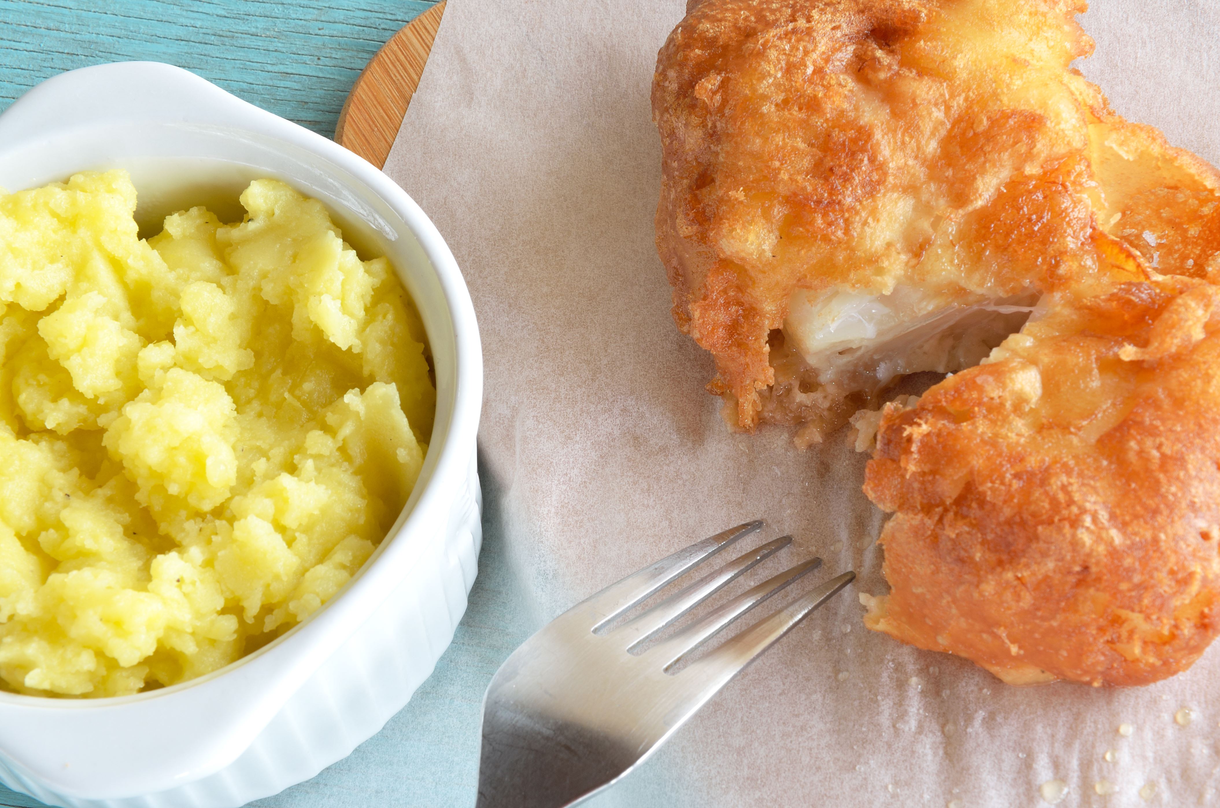 Traditional Greek dish of fried cod fish fillet and garlic dip, known as skordalia