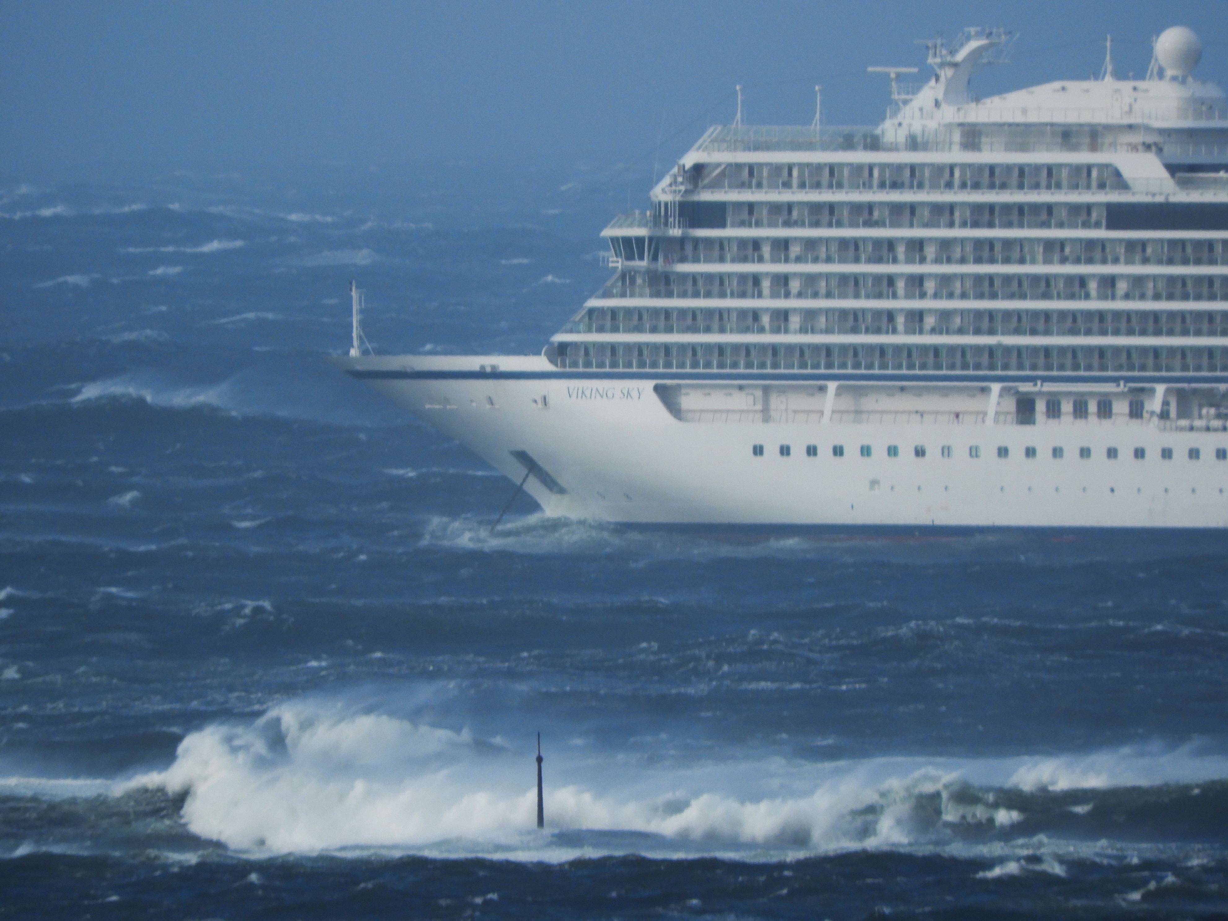 The cruise ship Viking Sky is pictured on March 23, 2019 near the west coast of Norway at Hustadvika near Romsdal. - Viking Sky has launched an SOS as drifting towards land. 1,300 passengers were evacuated by helicopter due to an engine failure on windy conditions. (Photo by Frank Einar VATNE / NTB Scanpix / AFP) / Norway OUT        (Photo credit should read FRANK EINAR VATNE/AFP/Getty Images)