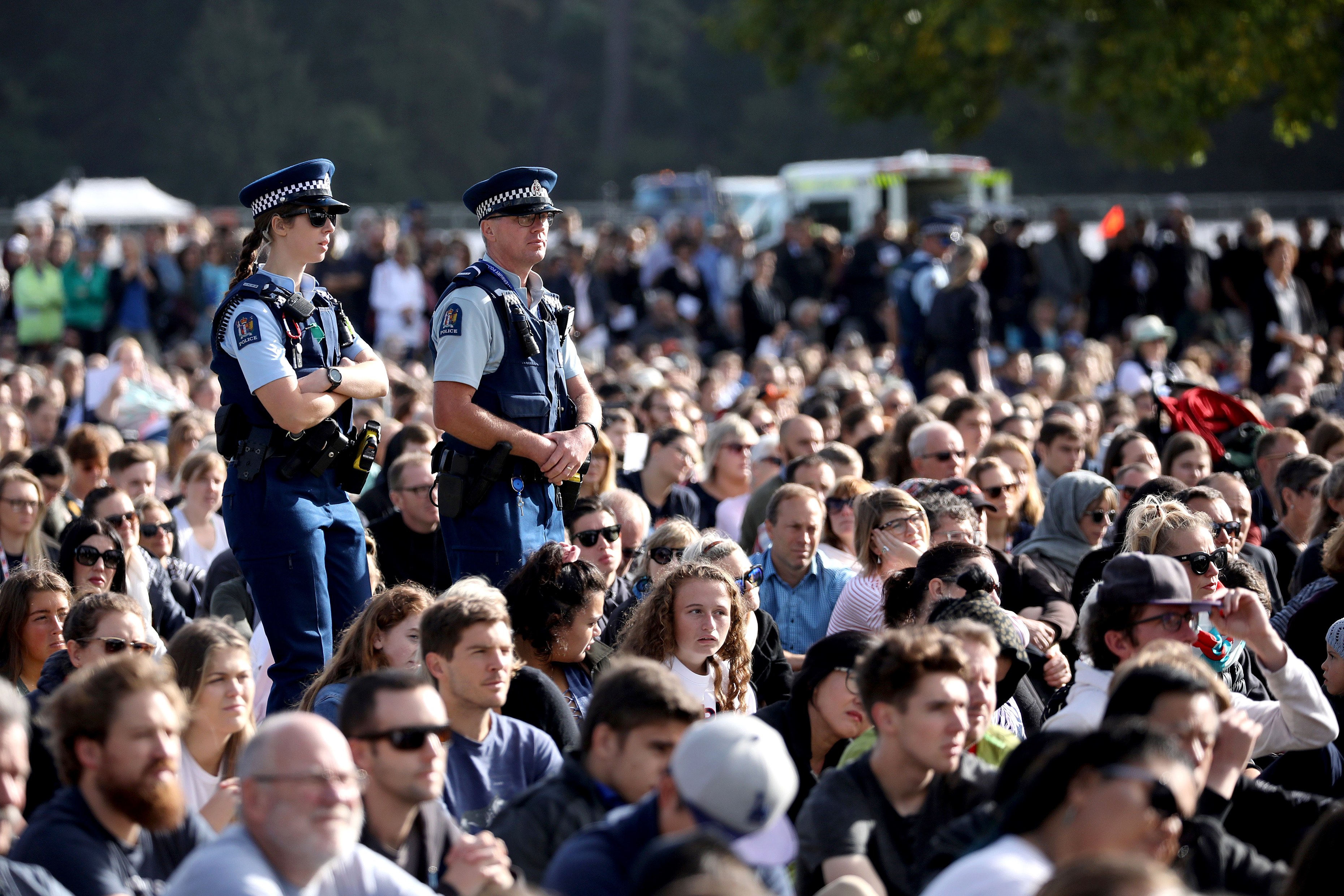 Police patrol during the National Remembrance Service at North Hagley Park in Christchurch on March 29, 2019.