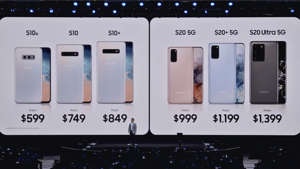 a close up of a computer: The S20 price, as well as the new prices for the S10 range. (Image credit: Samsung)