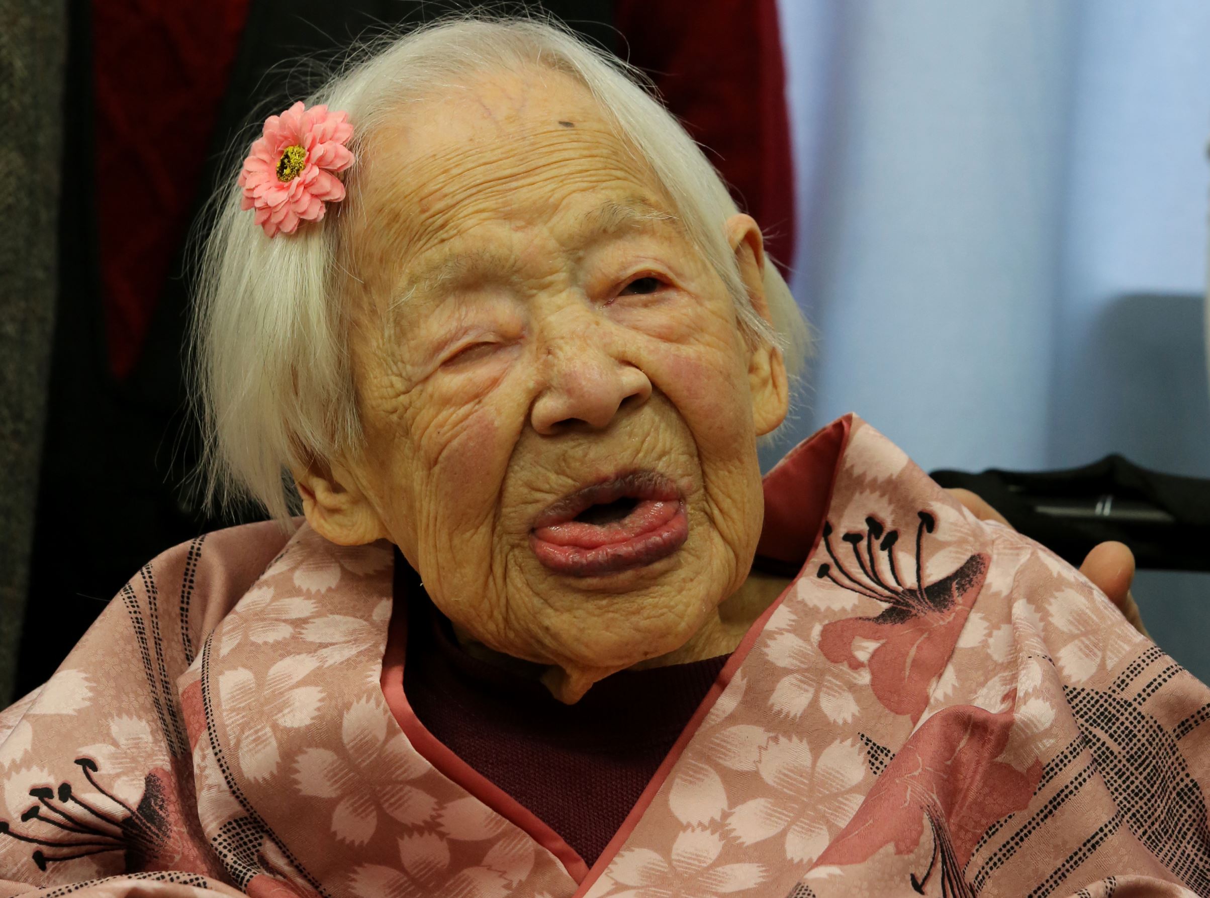 Misao Okawa, the world's oldest Japanese woman, poses for a photo on her 117th birthday celebration at Kurenai Nursing Home on March 4, 2015 in Osaka, Japan. Japanese woman Misao Okawa was the oldest living person in the world as certified by the Guinness World Records, who celebrated her 117 birthday on March 5. Okawa was dubbed the worlds oldest living person since the June 12, 2013 death of 116 years and 54 days old Jiroemon Kimura, also Japanese. She is ranked first Oldest Japanese person ever and third person reached to 117in the world.