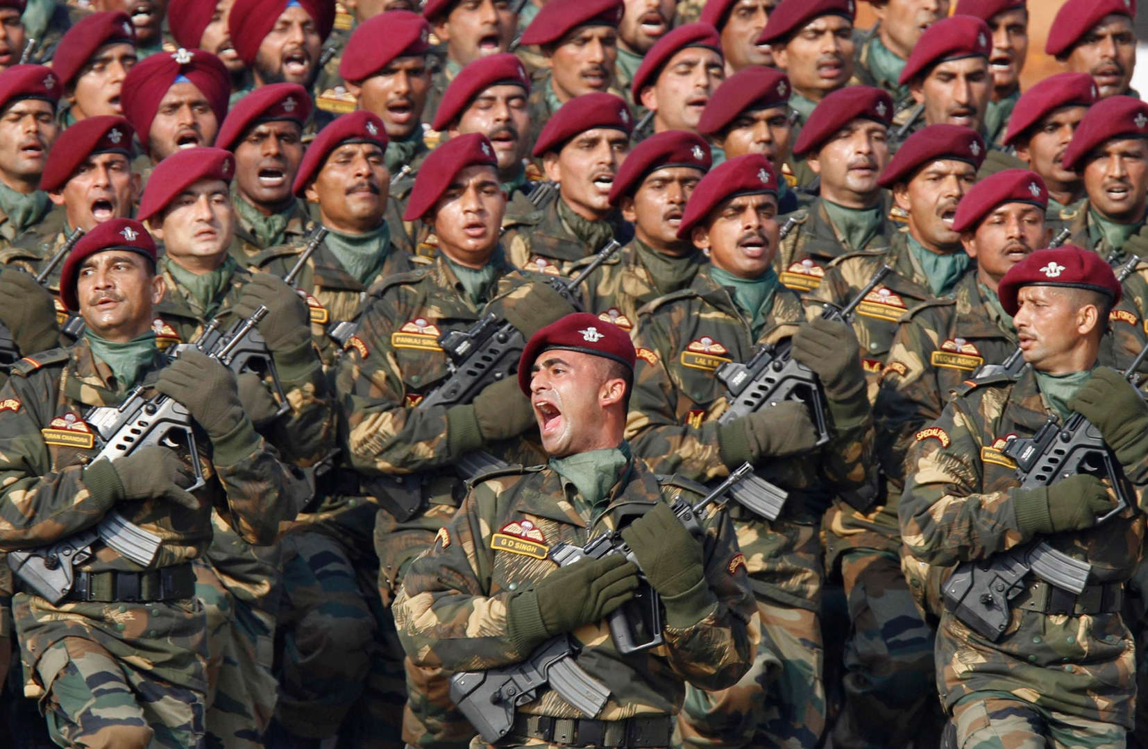 Indian Special Forces commando G. D. Singh shouts as he leads his battalion during the Republic Day parade in New Delhi January 26, 2012.