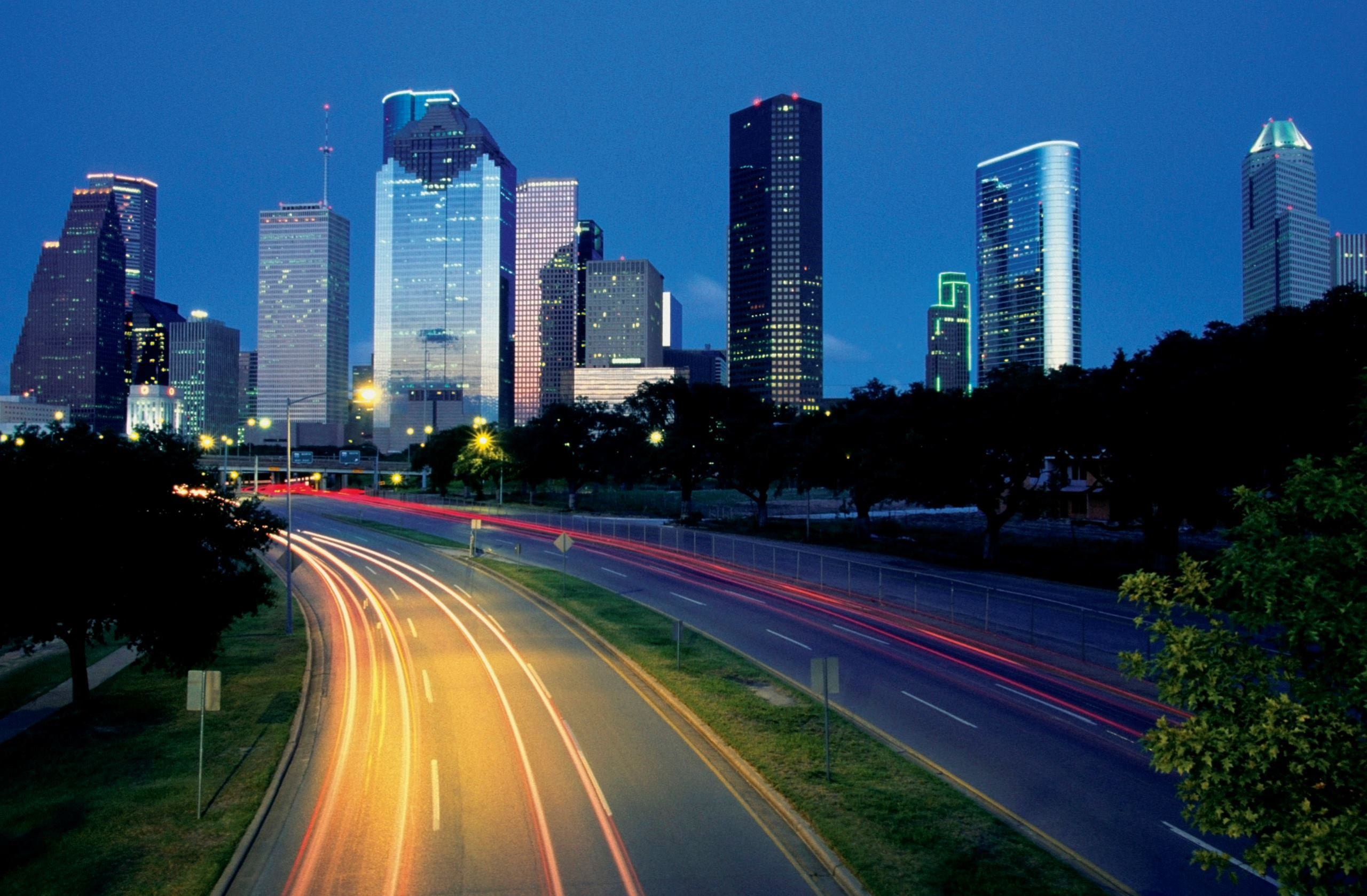 Traffic on the road at night, Allen Parkway, Houston, Texas
