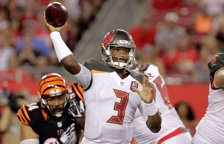 Tampa Bay Buccaneers quarterback Jameis Winston throws a complete pass during a preseason game against the Cincinnati Bengals on Aug. 24, 2015, at Raymond James Stadium in Tampa, Fla.