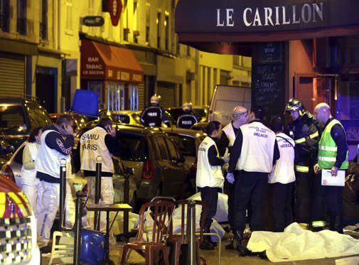 ATTENTION EDITORS - VISUAL COVERAGE OF SCENES OF INJURY OR DEATH A general view of the scene shows rescue service personnel working near the covered bodies outside a restaurant following a shooting incident in Paris, France, November 13, 2015. REUTERS/Philippe Wojazer