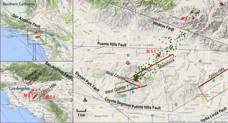 Setting of the La Habra quake. Red dots show the magnitude 5.1 main shock, magnitude 4.1 aftershock and magnitude 5.4 Chino quake in 2008. Relocated aftershocks are green dots. Modeled faults are in brown, with the heavier reddish brown line denoting the bottom of the fault and labeled with italics. Courtesy of NASA/JPL-CaltechSetting of the La Habra quake. Red dots show the magnitude 5.1 main shock, magnitude 4.1 aftershock and magnitude 5.4 Chino quake in 2008. Relocated aftershocks are green dots. Modeled faults are in brown, with the heavier reddish brown line denoting the bottom of the fault and labeled with italics.