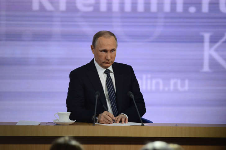 Russian President Vladimir Putin is seen during the 11th presidential annual news conference at the World Trade Center on Krasnaya Presnya on December 17, 2015.