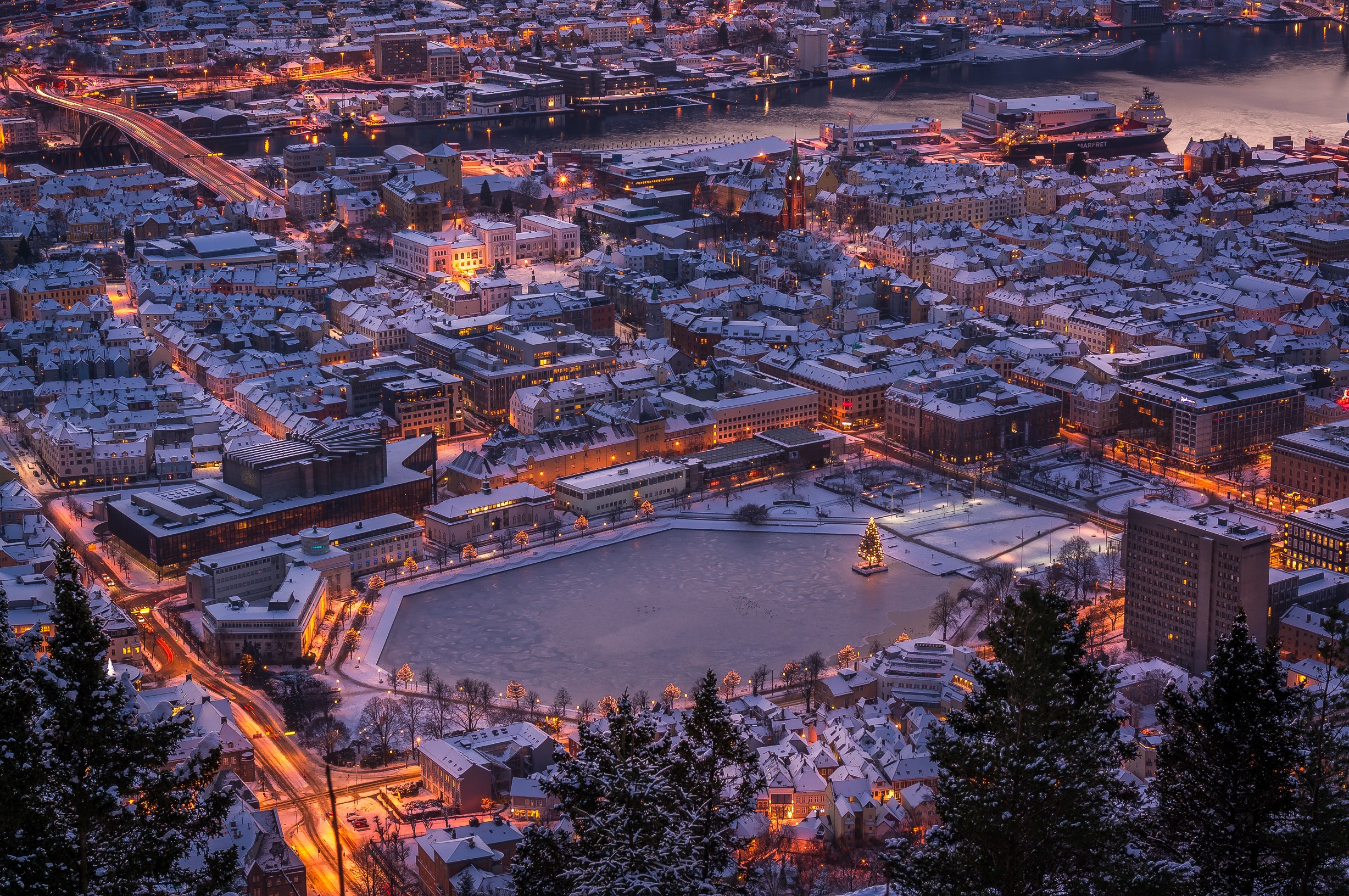 View from Floyen mountain. It is not very usual to see Bergen covered in snow.