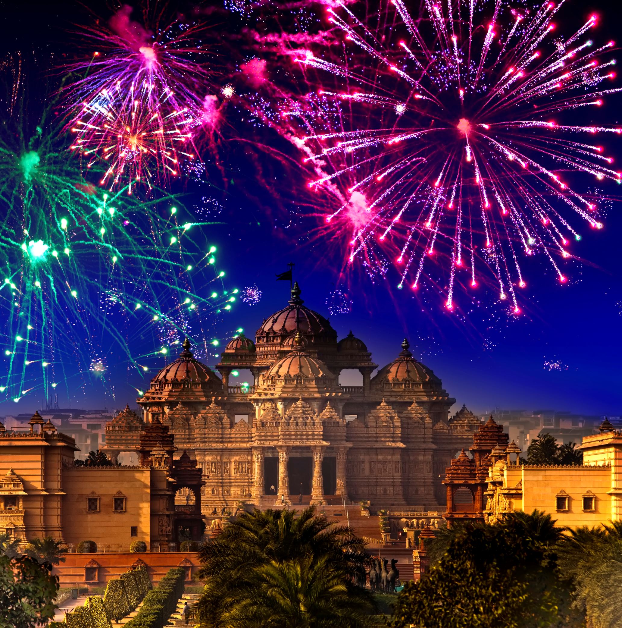 Festive firework over temple Akshardham, India. Delhi.