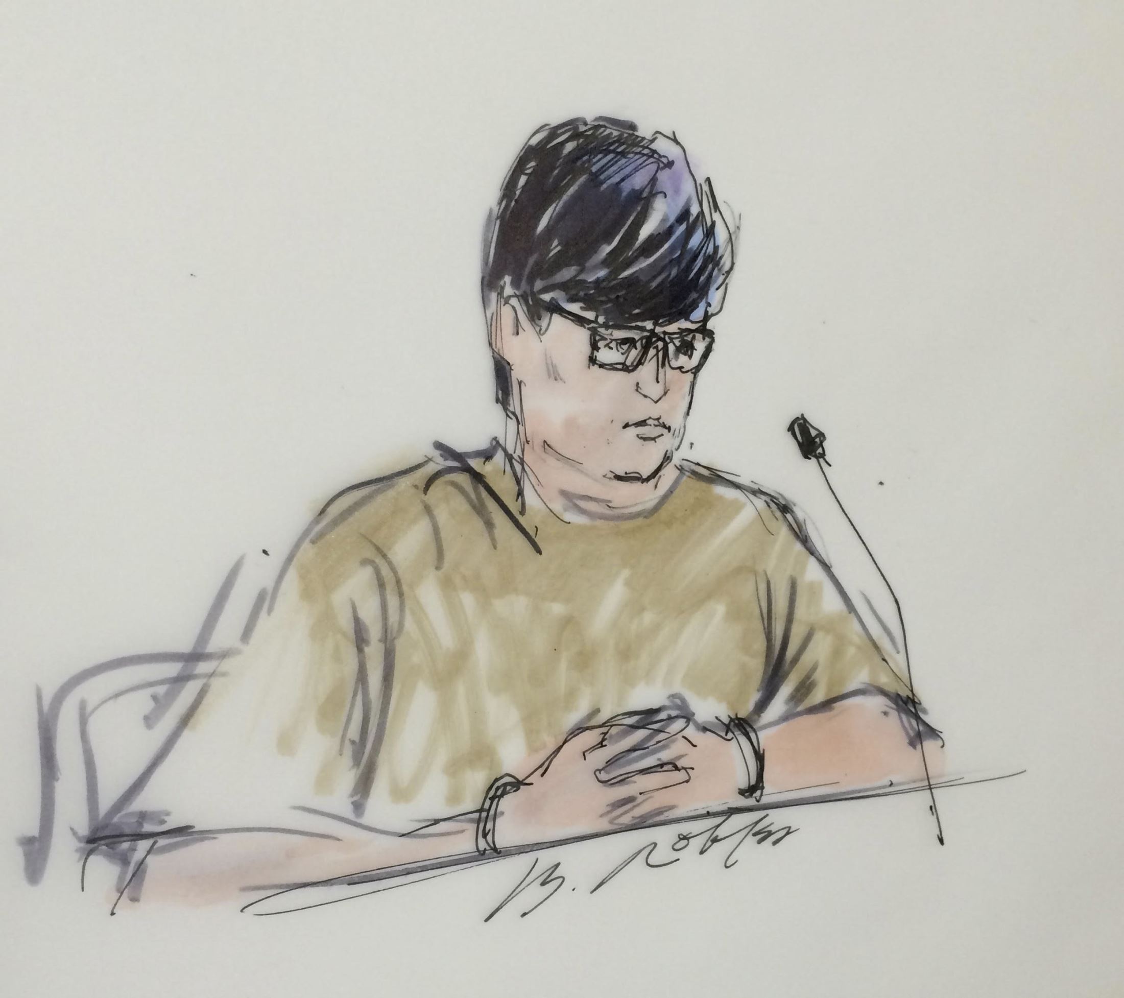 Enrique Marquez, 24, is shown in this courtroom sketch as he appears during a he...