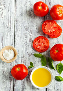<p>Tomatoes aren't just the <a href="http://www.redbookmag.com/body/healthy-eating/advice/g769/salad-for-dinner/">perfect salad addition</a>—they're also packed with lycopene, the same <a href="http://www.redbookmag.com/beauty/makeup-skincare/advice/g1776/good-skin-foods/?slide=1">skin-protecting carotene pigment</a> that's found in watermelon. So yes, your nightly caprese could serve as defense against harmful UV rays.</p>