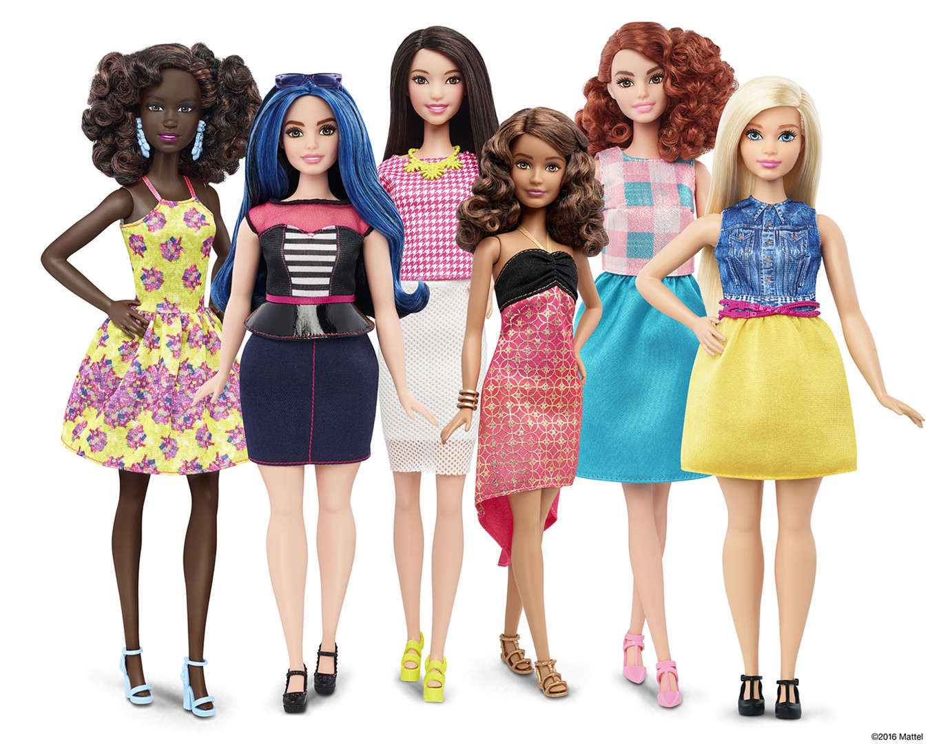 This photo provided by Mattel shows a group of new Barbie dolls introduced in January 2016. Mattel, the maker of the famous plastic doll, said it will start selling Barbie’s in three new body types: tall, curvy and petite. She’ll also come in seven skin tones, 22 eye colors and 24 hairstyles.