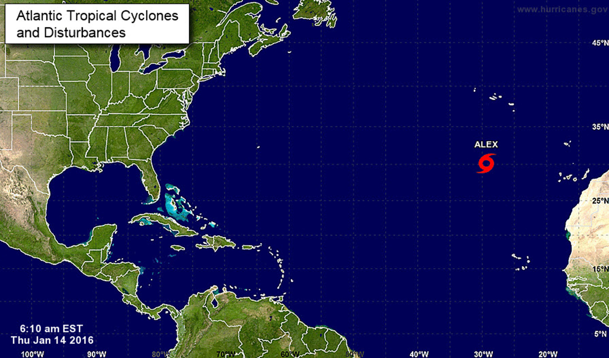 Map locating Subtropical Storm Alex in the Atlantic Ocean. National Hurricane Center