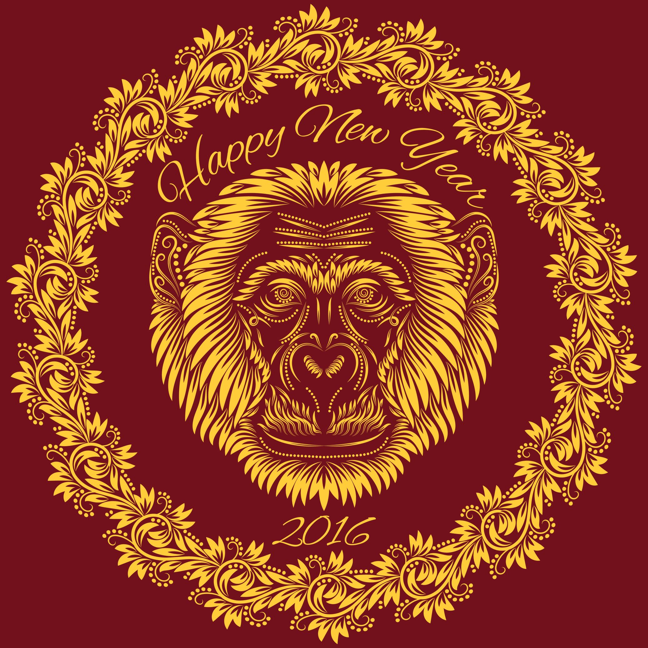Fiery monkey year greeting card template. Floral patterned concept with chimpanzee head in wreath and inscription Happy New Year 2016.