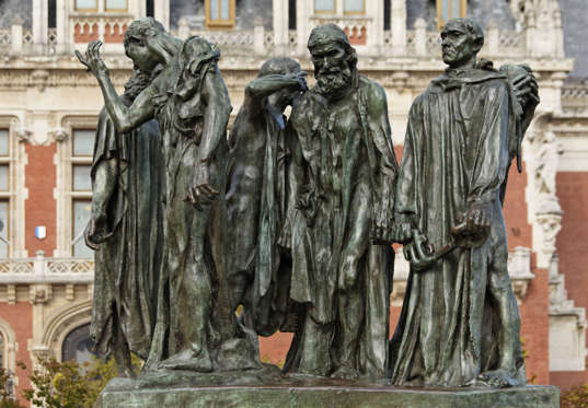 VARIOUS Sculpture by Auguste Rodin, The Burghers of Calais, on the square of Place de l'Hotel de Ville in Calais, Via Francigena, Calais, Pas-de-Calais department, North Pas-de-Calais region, France