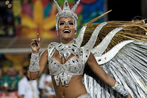 Revellers of Sao Clemente samba school perform during the second night of the carnival parade at Sambadrome in Rio de Janeiro, Brazil, on February 9, 2016.