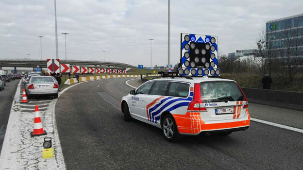 A police car blocks the road to Brussels Internatinal Airport