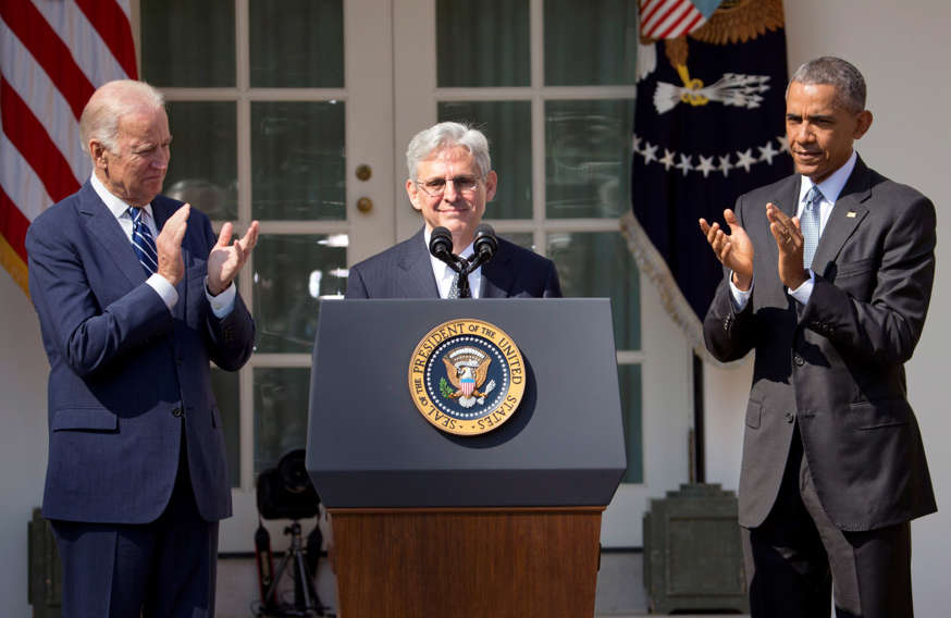 Federal appeals court judge Merrick Garland receives applause from President Barack Obama and Vice President Joe Biden as he is introduced as Obama's nominee for the Supreme Court during an announcement in the Rose Garden of the White House, in Washington, Wednesday, March 16, 2016.