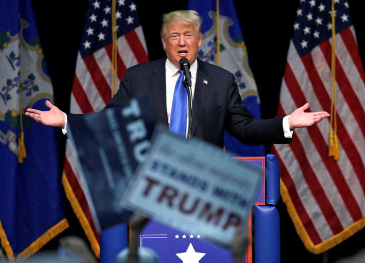 Republican presidential candidate Donald Trump addresses supporters at a campaign event at Crosby High School in Waterbury, Conn., Saturday, April 23, 2016.