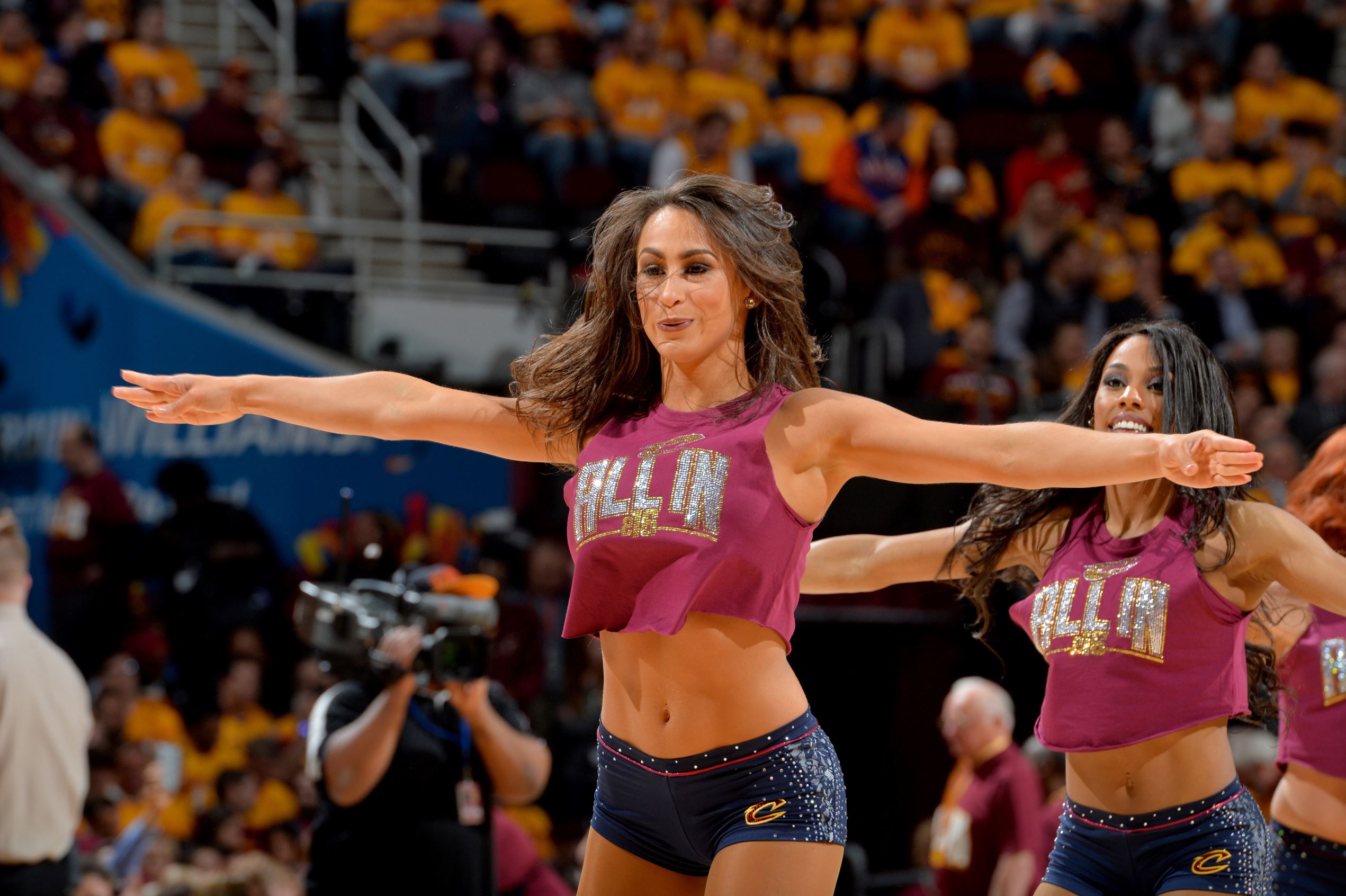 A member of the Cleveland Cavaliers dance team performs of their crowd against the Atlanta Hawks during the Eastern Conference Semifinals Game One on May 2 at The Quicken Loans Arena in Cleveland, Ohio.