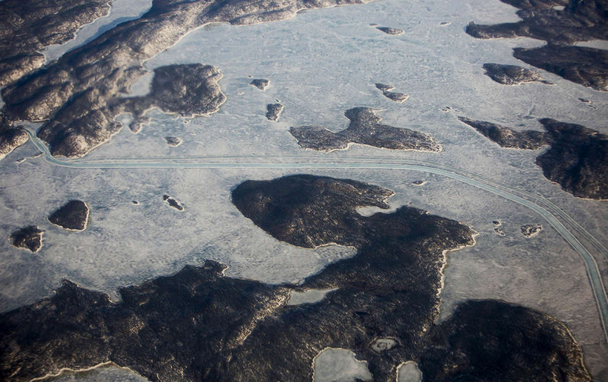 An ice road that connects Yellowknife and the Diavik Diamond Mine in Northwest Territories, Canada.